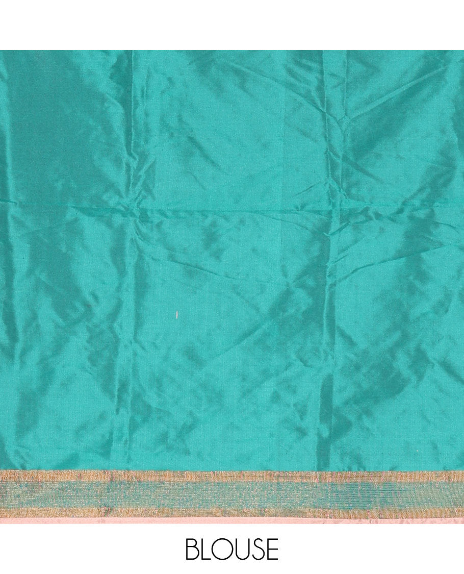 Fawn and green half-saree with buttas with contrast traditional bordered taffeta silk skirt, a matching blouse, and a contrast bordered syska georgette dhavani