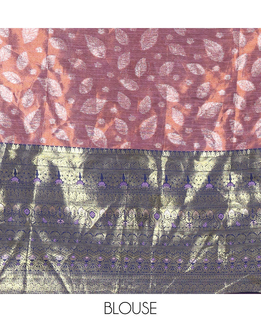 Purple and navy blue half-saree, leaf jacquard with contrast traditional bordered banarasi tissue skirt, a matching blouse, and a contrast scallop embroidered fendi organza dhavani