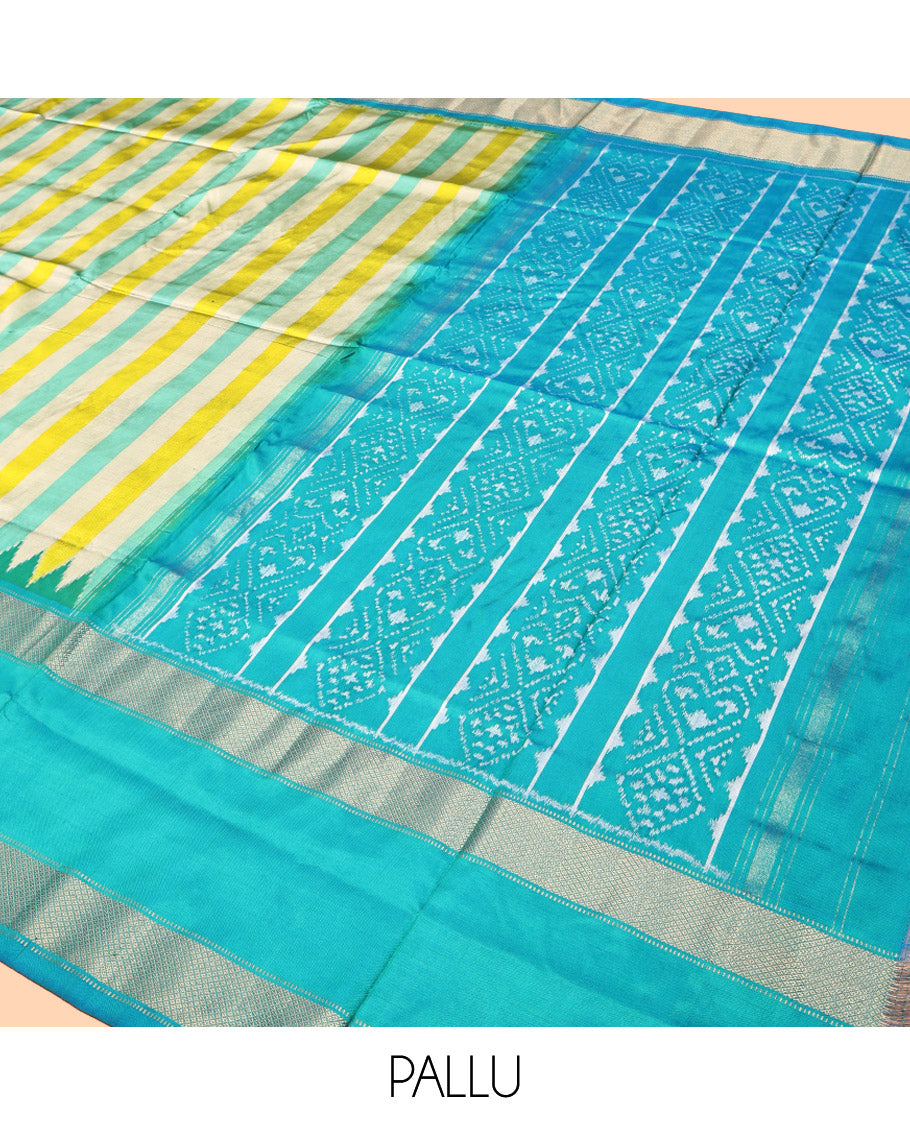Multi-Color  Striped Pochampally Ikat Silk Saree, Complemented by a Contrast Temple Traditional Border, Ikat-Style Woven Pallu, and Contrast Blouse