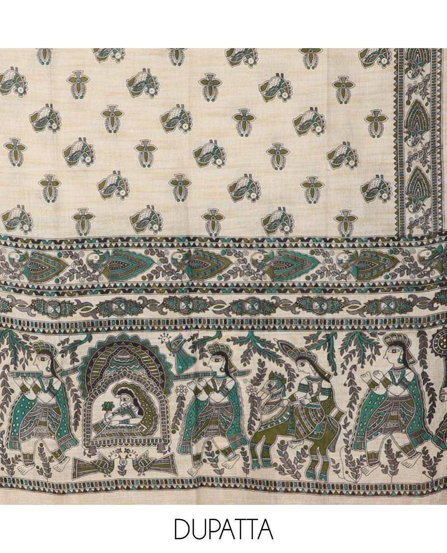 Mehendi green madhubani print design bhagalapur cotton chudidhar material top with cotton material daman madhubani ptint pants & madhubani printed dupatta
