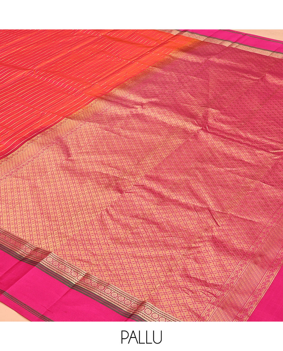 Orange Zari Striped Vasundhara Silk Saree, Contrast Kal Eragina Border of Neli, Muthu, Cross Kamalam Designs, Grand Pallu, and a Contrast Blouse