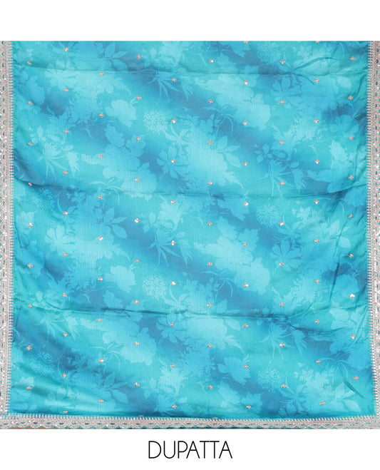 Green Material Chudidar Set Prettified with Intricately Embroidered Muga Silk Top, Subtly Made Plain Santoon Bottom, and a Bemberg Chiffon Dupatta Featuring Floral Printed, and Embroidery