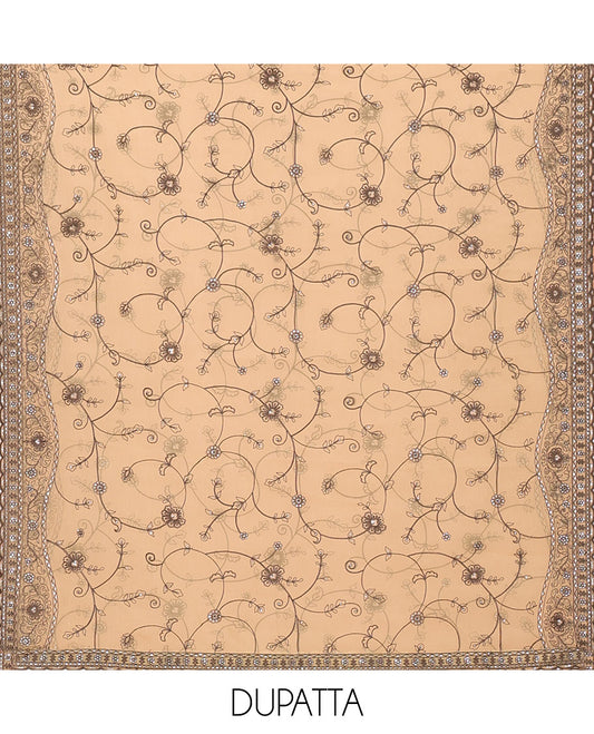 Golden Material Chudidar Set Adorned with Embroidered Organza Chiffon Top, Subtly Made Plain Santoon Bottom, and a Organza  Dupatta Featuring Floral Jaal Embroidery