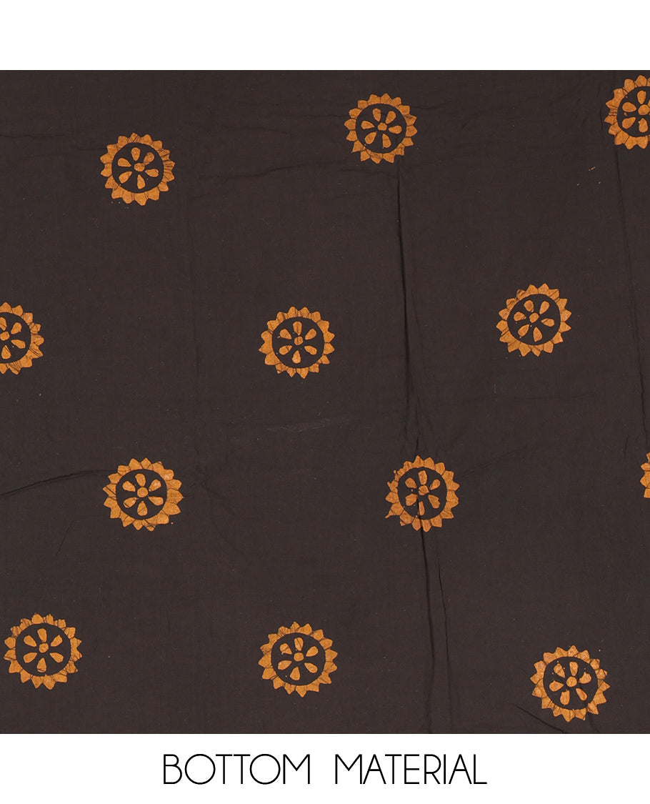 Black-Orange Cotton Material Churidar Set, Paisley Batik Printed Top, a Matching Bottom, a Batik Printed Dupatta