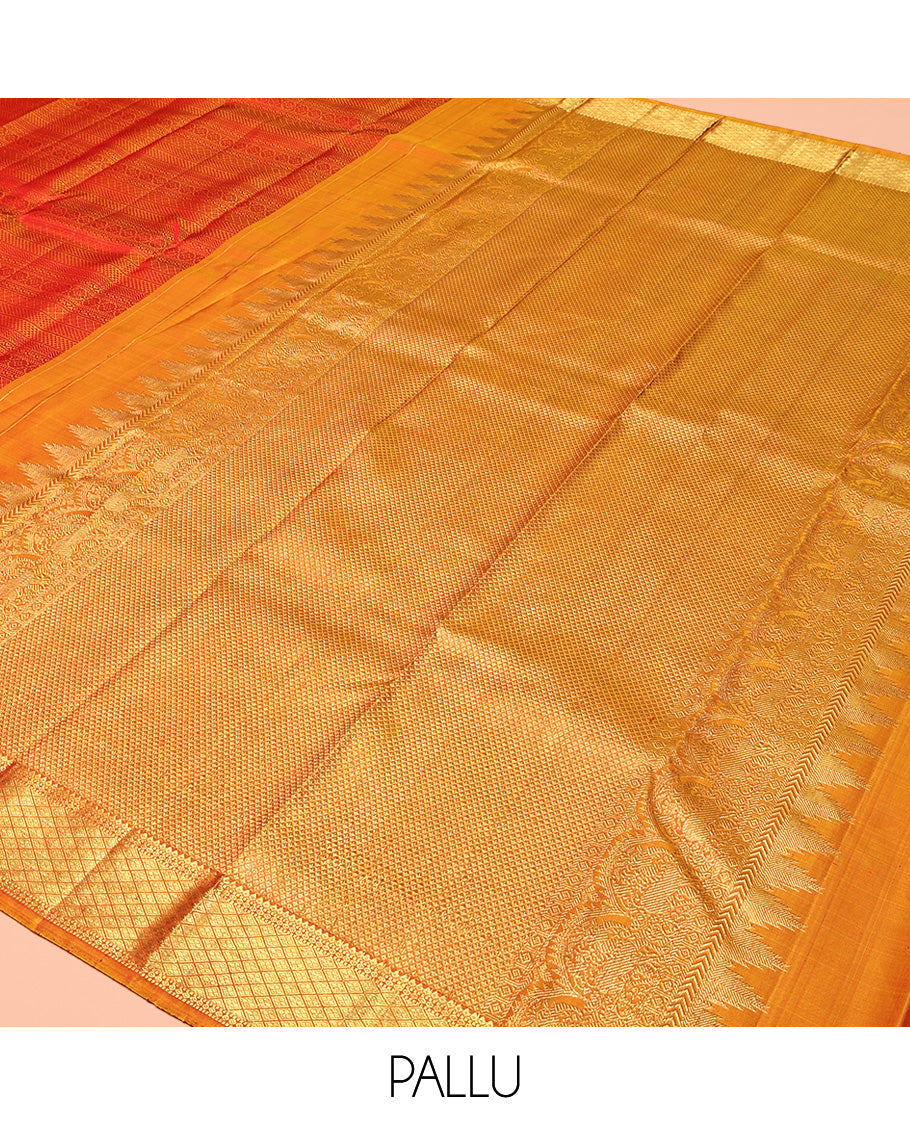 Red Parampara Silk Saree, Subtly Sparkled With Geometric Embossed Patterns in Its Body, Highlighted by Contrast Jaal Design Zari Border, Pallu of Mayil Kann and Yaali Designs , and Paired with a Contrast Blouse