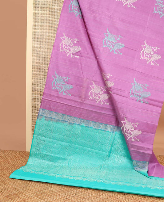 Borderless pink bird design kancheepuram silk sareee with geometric design pallu