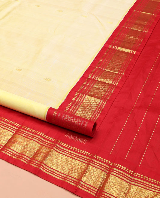 Yellow Kanchipuram Silk Saree, Sparsely Woven with Zari Buttas on Its Body, Complemented by a Contrast One-Sided Korvai Border of Paneer Sombu, Banaras, Muthu, and Mayil Kann Designs, Pallu Features Zari Designs, and Comes Without a Blouse