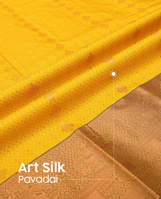 Yellow  leaf design art silk pavadai material with contrast traditional zari design border & floral zari design blouse
