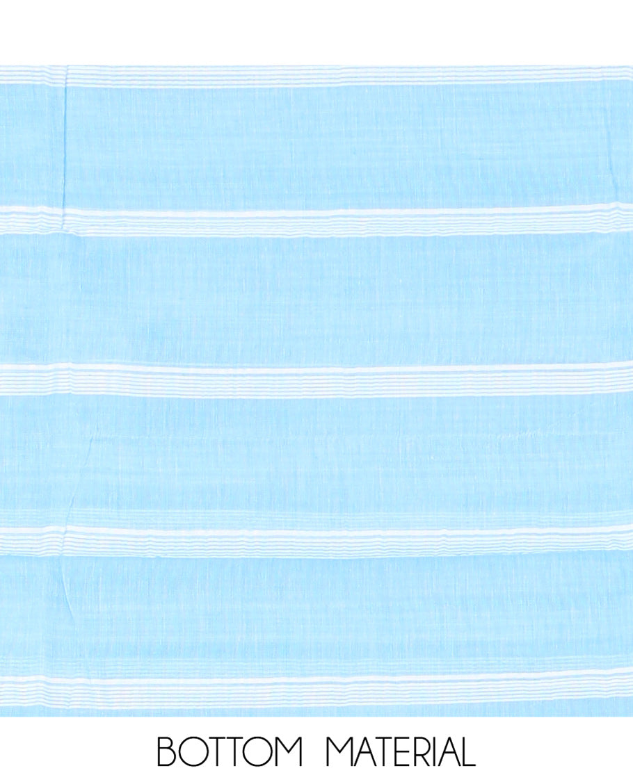 Blue Mul Cotton Material Chudidar Features Jamdani-Style Top, Striped Bottom, a Jamdani Dupatta