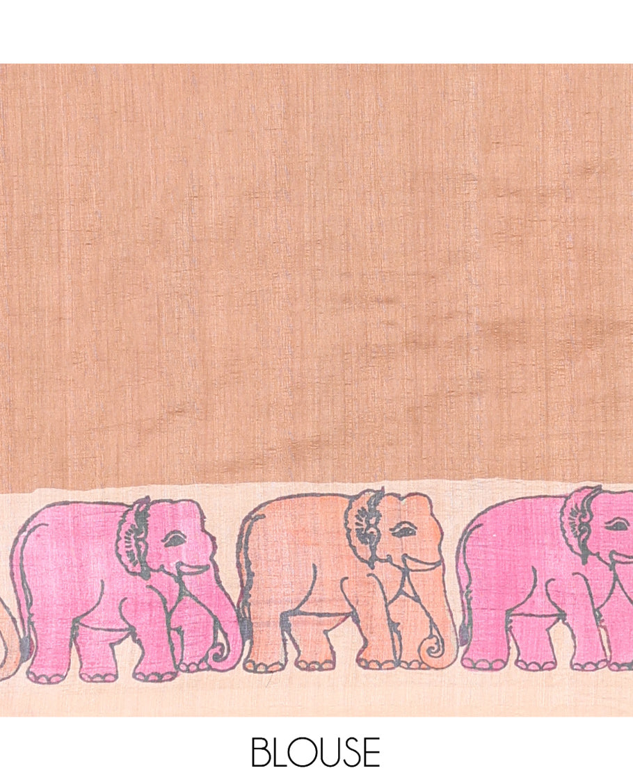 Pink Fancy Tussar Saree Features Kalamkari Floral and Animal Print, Contrast Elephant Border, Kalamkari Pallu, and a Contrast Blouse