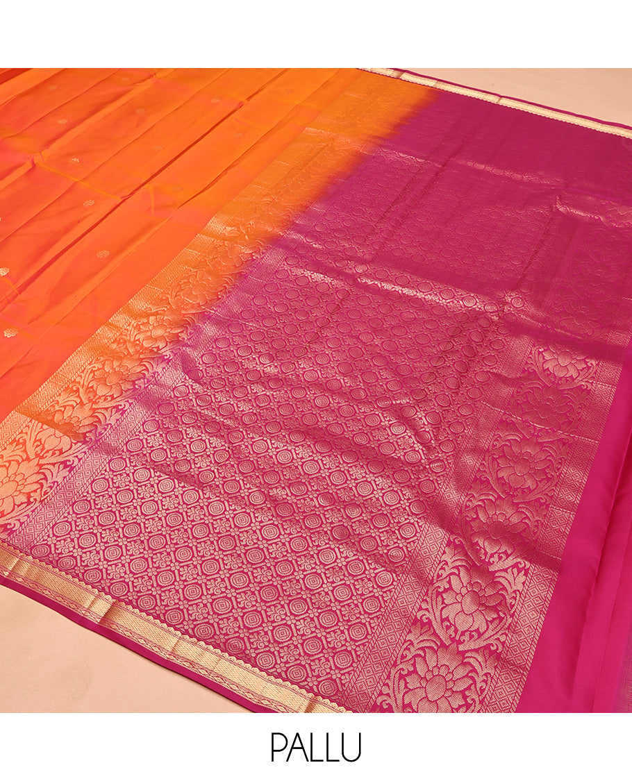 Orange Vasundhara Silk Saree, Embellished with Zari Buttas, Contrast Border of Thilakam Mokku, Vanki, and Diamond Designs, Grand Pallu, and a Contrast Blouse