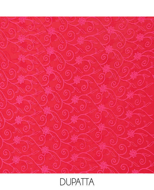 Tomato Pink Material Chudidar Set Adorned with Phulkari-Style Floral Embroidery and Floral Print Rayon Top, Subtly Made Plain Rayon Bottom, and a Chiffon Georgette Dupatta of Floral Theme Designs