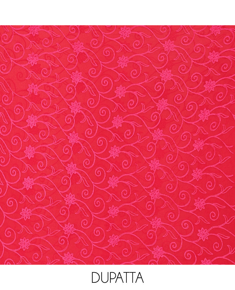 Tomato Pink Material Chudidar Set Adorned with Phulkari-Style Floral Embroidery and Floral Print Rayon Top, Subtly Made Plain Rayon Bottom, and a Chiffon Georgette Dupatta of Floral Theme Designs