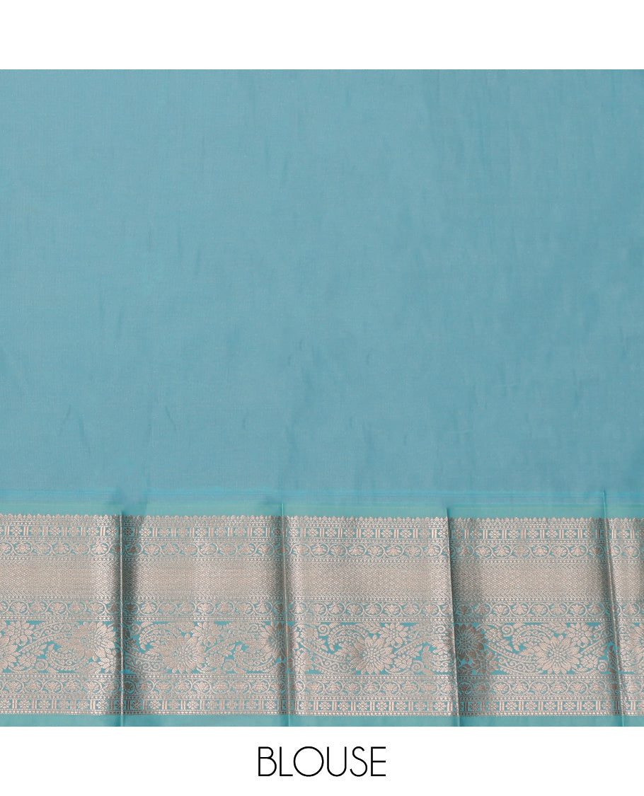 Red Budget Silk Saree, Accentuated with Floral Buttas, Complemented by a Contrast Traditional Zari Border, Intricate Pallu, and a Contrast Blouse