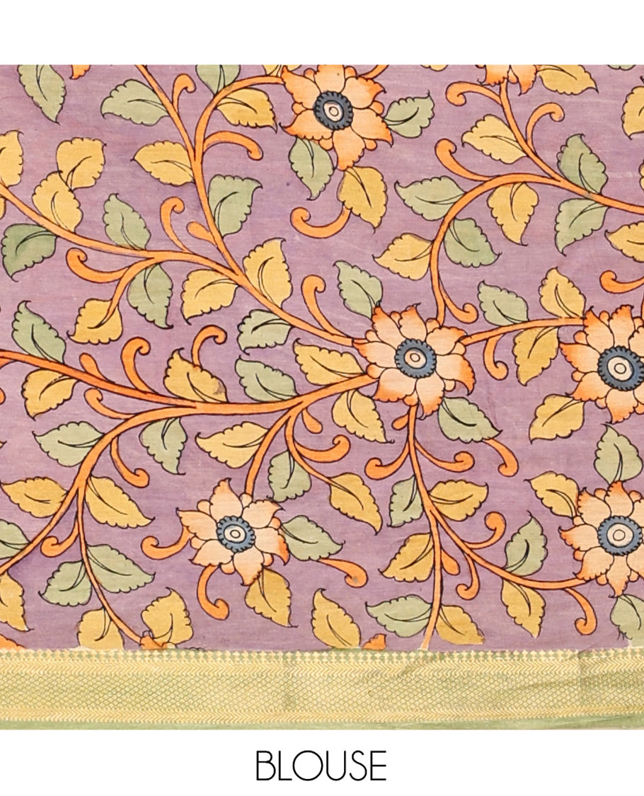 Orange Kalamkari Silk Saree, Lightly Embellished with Floral and Human Figurines, a Contrast Traditional Border, Pallu of Musical Instruments, and a Contrast Blouse