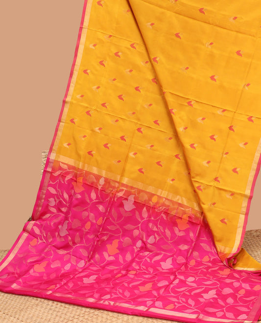 Mustard uppada saree with floral buttas, contrast border & pallu of floral jaal designs