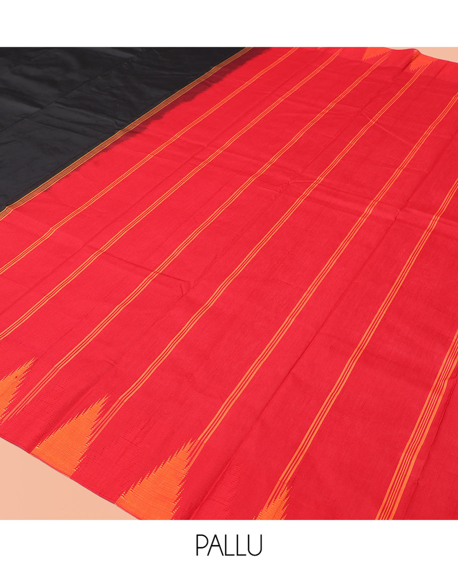 Black Plain Bangalore Silk Saree, Complemented by a Contrast Temple Border, Striped Pallu, and Contrast Blouse