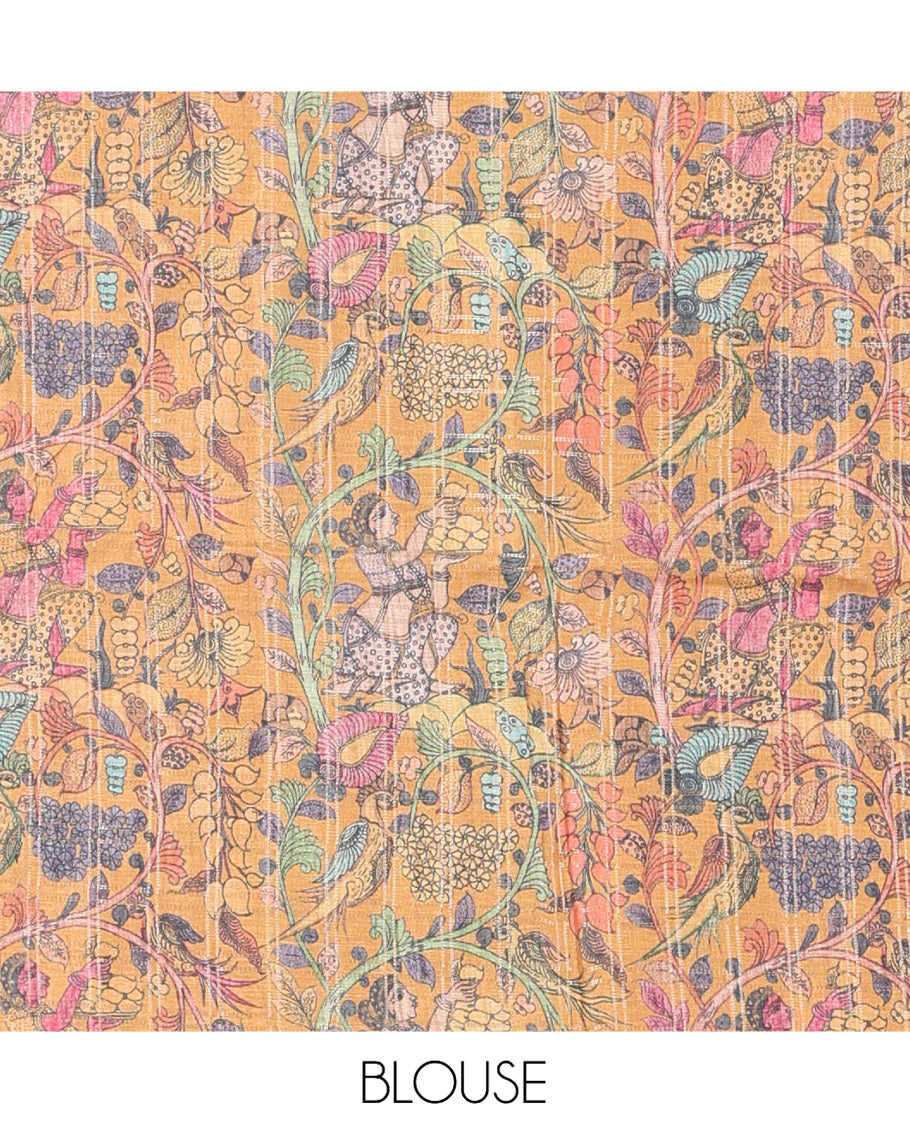 Dark Peach Fancy Tussar Silk Saree, Graced with Checked Design, Contrast Zari Piping Border, Kalamkari Pallu, and Contrast Kalamkari Printed Blouse