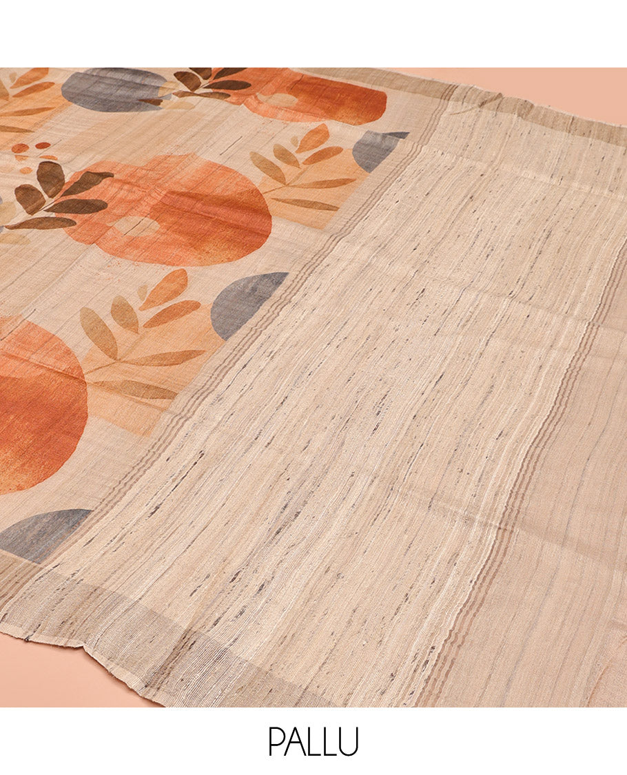 Sandal Tussar Silk Saree, Beautified with Tropical Floral Print on Its Body, a Subtle Border, Heathered Pallu, and Paired with a Matching Blouse