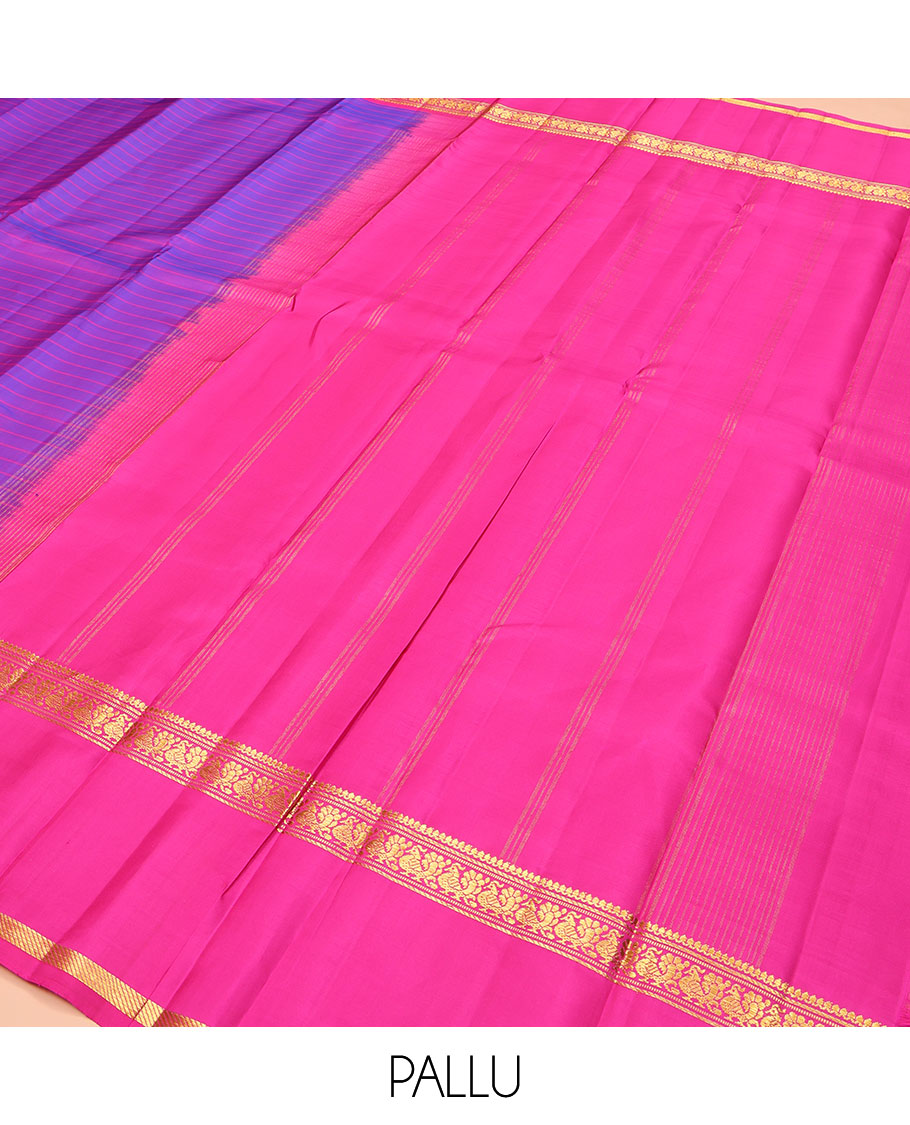 Violet Kanchipuram Silk Saree, Beautified with Stripes on Its Body, Complemented by a Contrast Rettai Pettu Border of Thilakam Mokku, Banaras, Muthu, and Mayil Designs, Subtly Zari Striped Pallu, and Paired with a Contrast Blouse