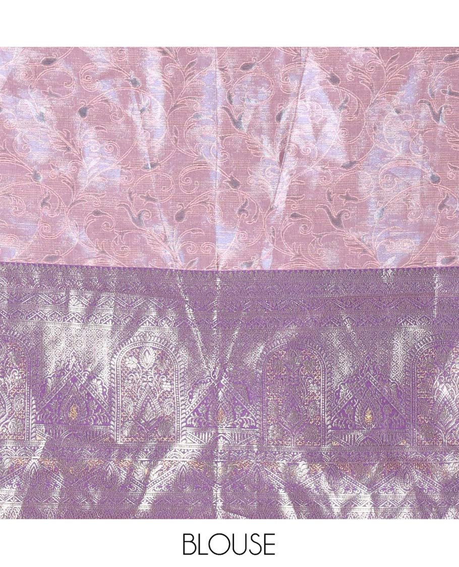 Pink Banarasi Half-Saree Featuring Jacquard Design Skirt, Complemented by Contrast-Rich Zari-Woven Intricate Border, Paired with a Matching Blouse, Contrast Velvet Organza Stone Work Dhavani, and Brocade Belt