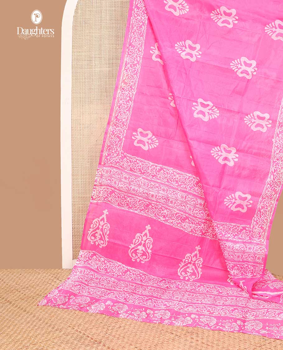 Pink batik motifs printed silk saree with self floral design border & batik style floral design pallu