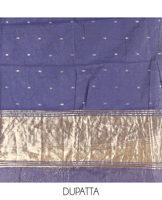 Royal Blue Banarasi Chanderi Material Churidar Features Zari Buttas Top, a Plain Bottom, and a Matching Dupatta