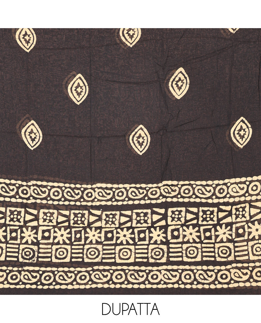Red  Material Chudidar Set Prettified with Kantha Embroidery, Batik Print, and Mirror Work on the Cotton Top, Comes with a Batik Geometric Patterns Printed Bottom, and a Cotton Batik Geometric Printed Dupatta