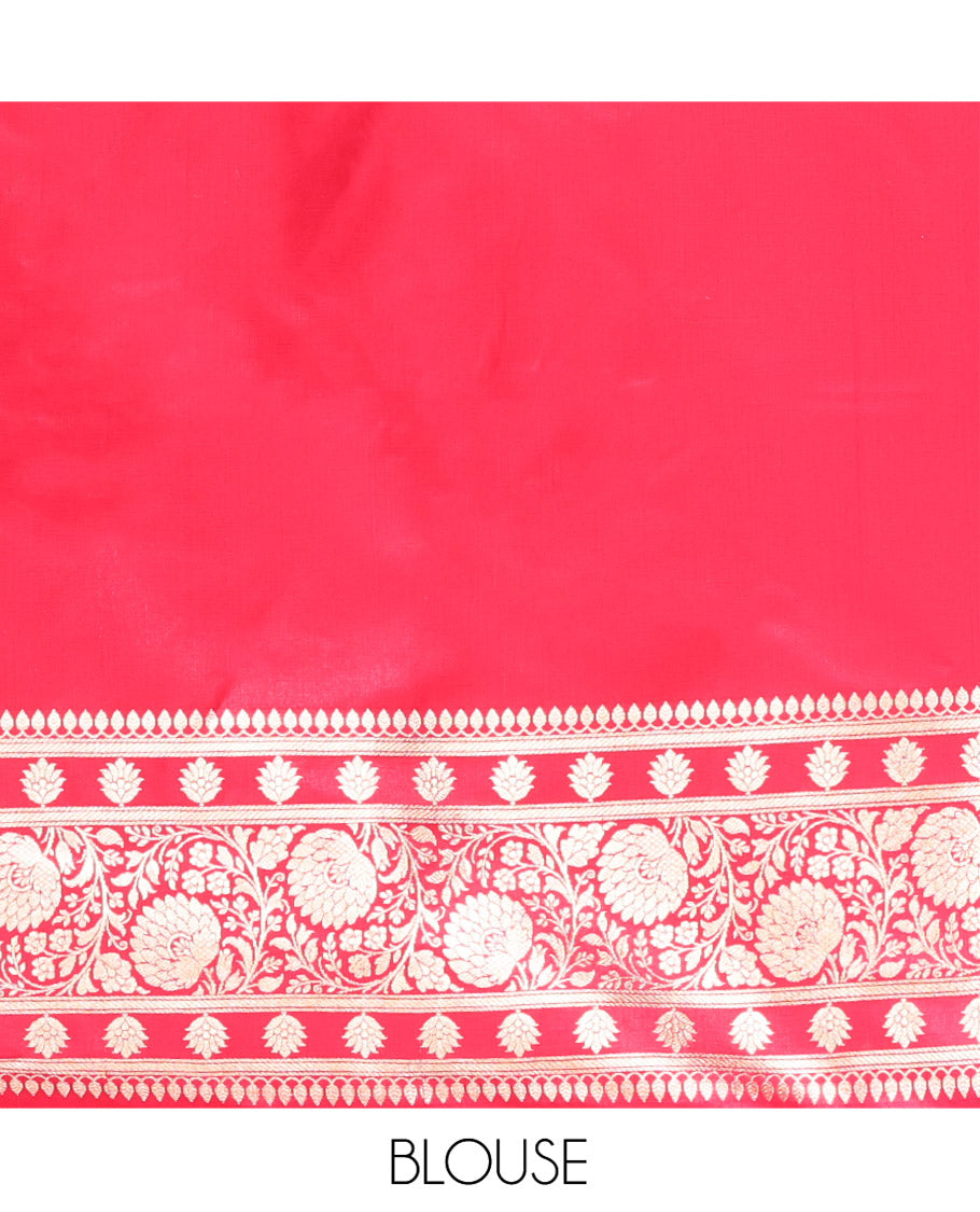 Purple Semi-Banaras Saree, Majestically Detailed with Jaal Jacquard on Its Body, Complemented by Floral Creeper Design Border, Intricately Designed Pallu, and Paired with a Contrast Blouse