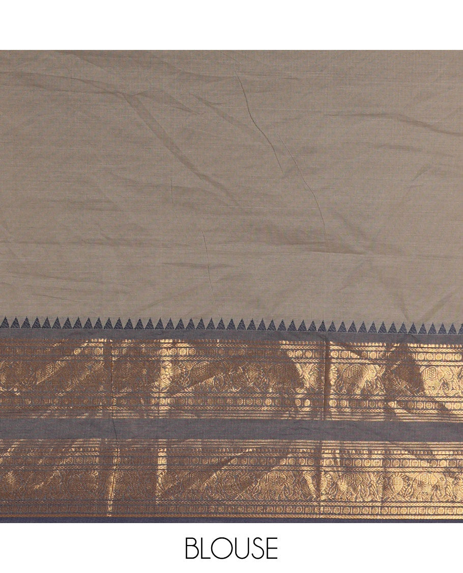 Steel Grey-Navy Blue Chettinad Cotton Half-Saree Featuring a Plain Skirt, Highlighted with a Contrast Peacock-Elephant Motifs Woven Rettai Pettu Zari Border, a Subtly Woven Matching Blouse, and a Vichitra Silk Contrast Traditional Zari-Bordered Dhavani