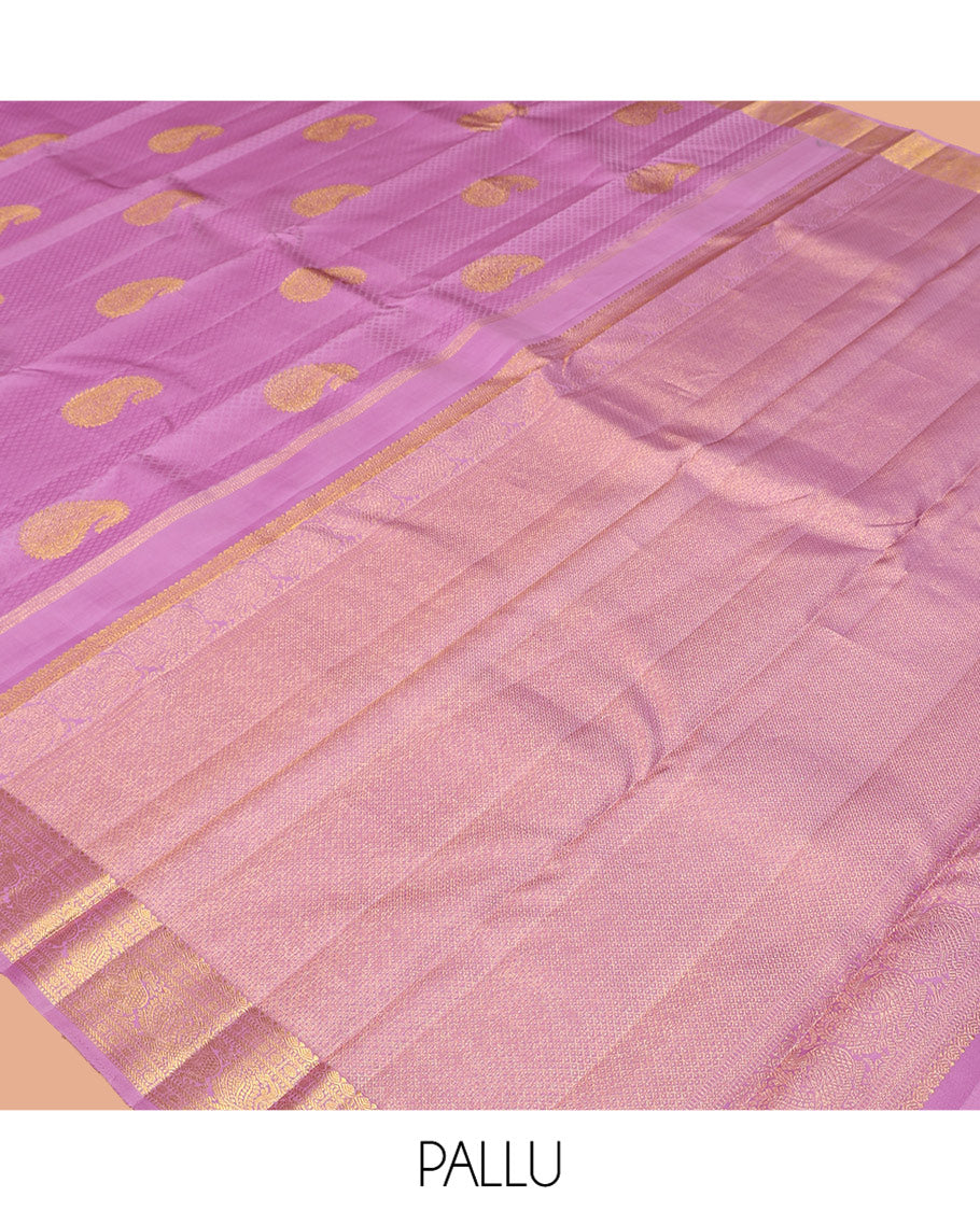 Light Purple Parampara Silk Saree, Embellished with Embossed and Zari Buttas, a Zari Border of Thilakam, Muthu, Banaras, Poun, and Mayil Designs, Mayil Kann Pallu, and a Matching Blouse