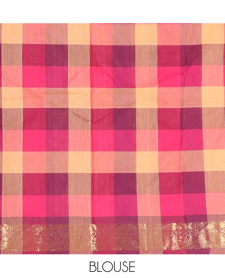 Multi-Color Checked Chettinad Cotton Half-Saree Adorned with a Zari Border, Matching Blouse, Contrast Dhavani