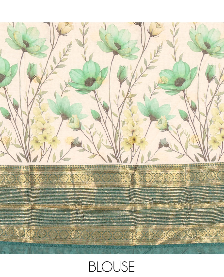 Cream-Bottle Green Semi-Silk Half-Saree Features Floral-Printed Skirt, a Contrast Traditional Border, a Matching Blouse, a Floral Dhavani
