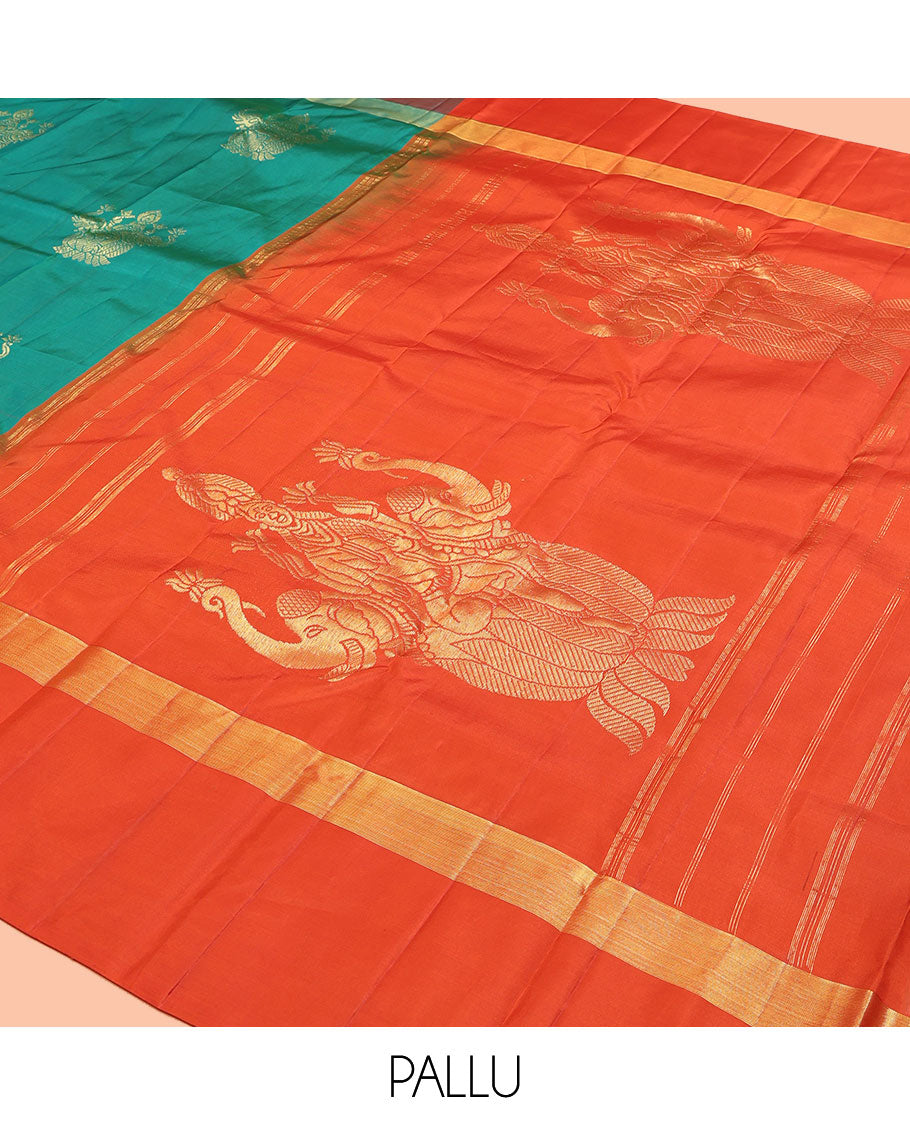 Green Kanchipuram Silk Saree, Woven with Goddess Lakshmi Buttas, a Contrast Goddess Lakshmi Border, Goddess Lakshmi Pallu, and a Contrast Blouse