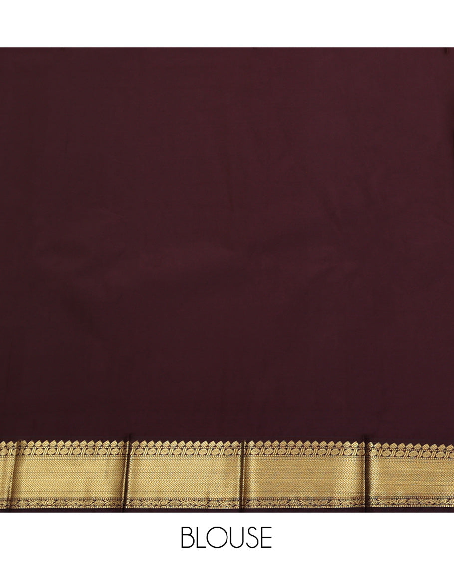 Sandal Budget Silk Saree, Sparsely Threaded with Buttas and Stripes on Its Body, Complemented by a Contrast Traditional Zari Design Border, Intricately Designed Pallu, and Paired with a Contrast Blouse