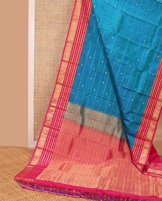 Blue striped, floral design kancheepuram silk saree with contrast border of rekku, muthu, mayil design & zari design pallu