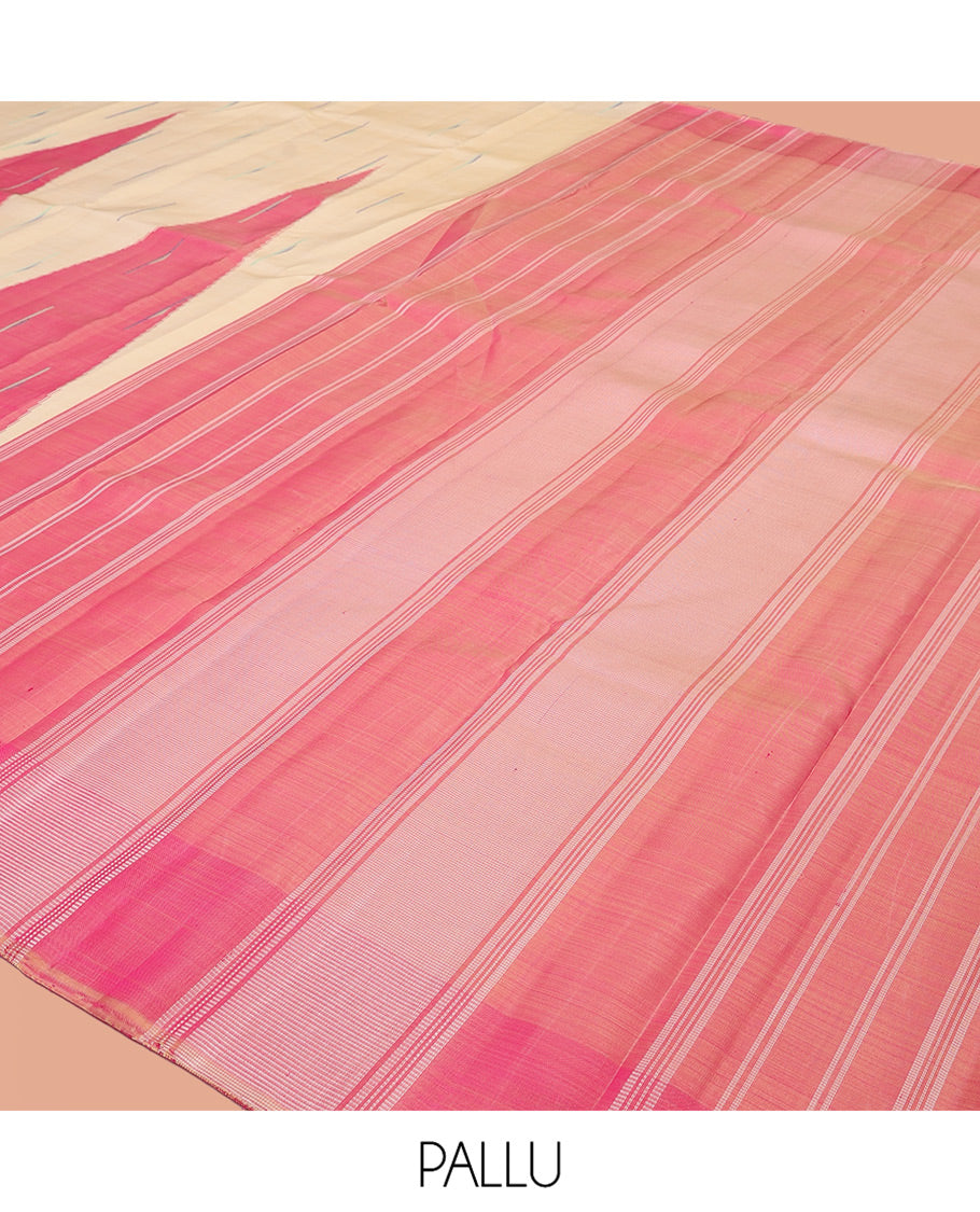 Sandal Kanchipuram Designer Silk Saree, Sparsely Threaded with Buttas, Complemented by a Contrast Temple Border, Striped Pallu, and Contrast Blouse