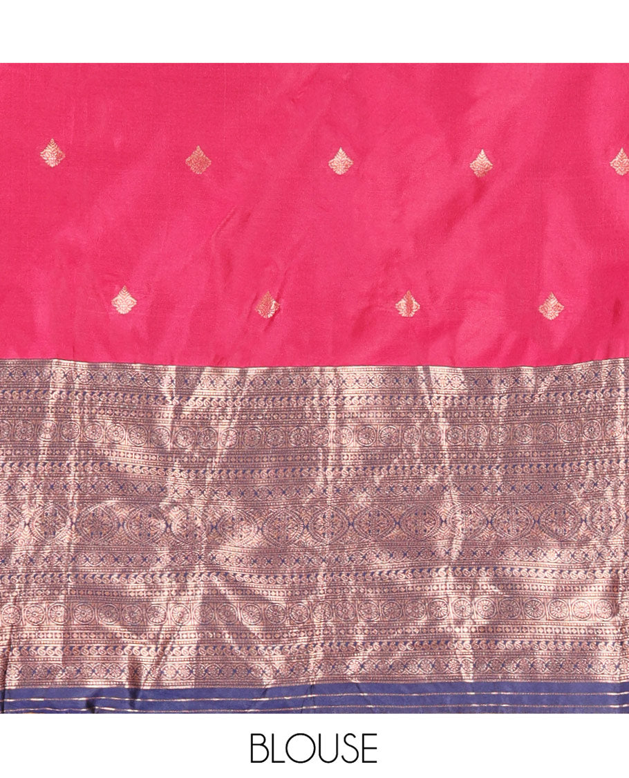 Pink and Navy Blue Semi-Banarasi Half-Saree, Decorated with Zari Buttas on Its Skirt, Complemented by a Contrast Traditional Zari Designs Woven Border, Paired with a Matching Blouse, and a Contrast Satin Georgette Embroidered Scallop Dhavani