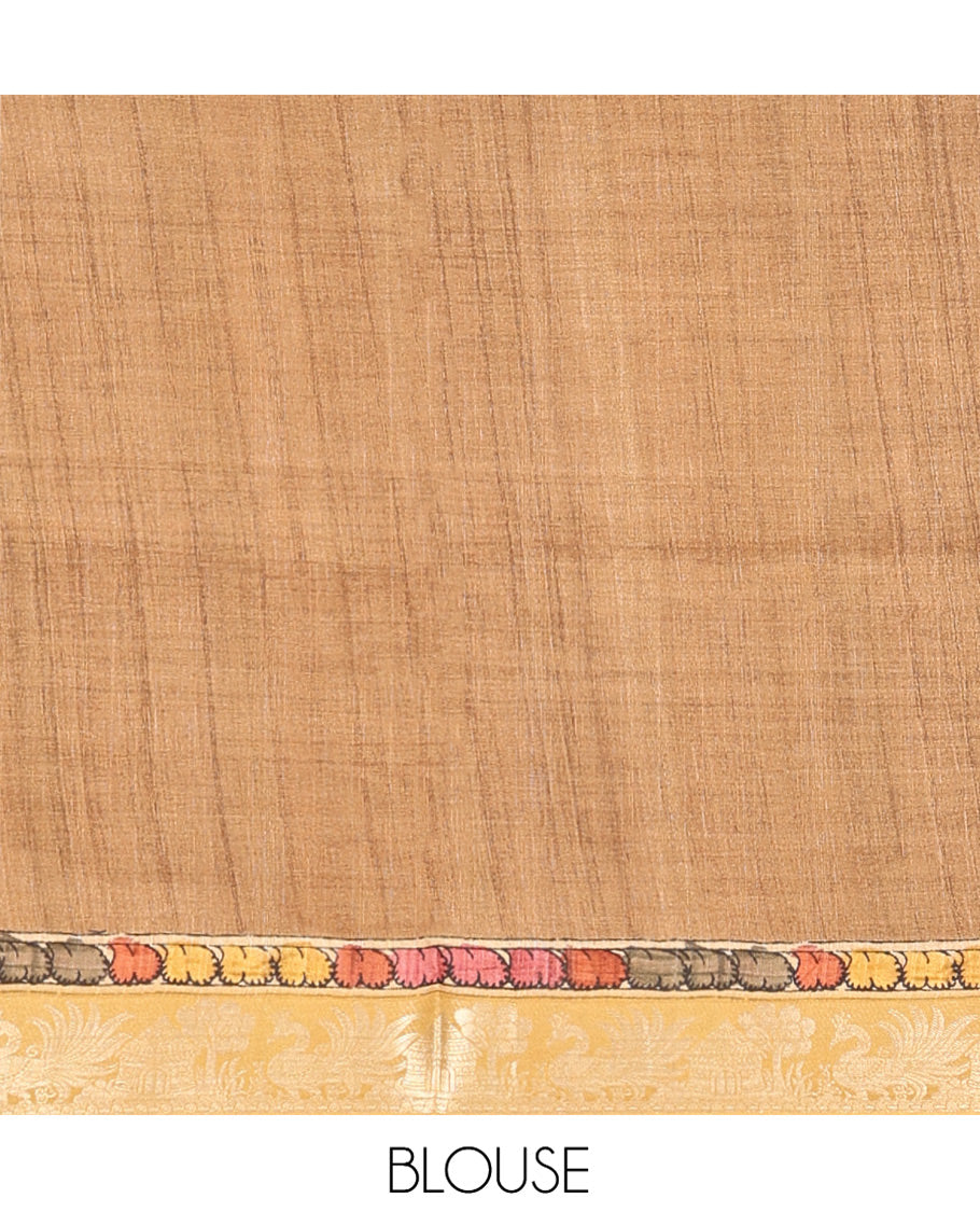 Green Kalamkari Saree, Beautified with Floral Vine Print, Complemented by Contrast Zari Border, Pallu of Flora-Fauna Print, and a Contrast Blouse