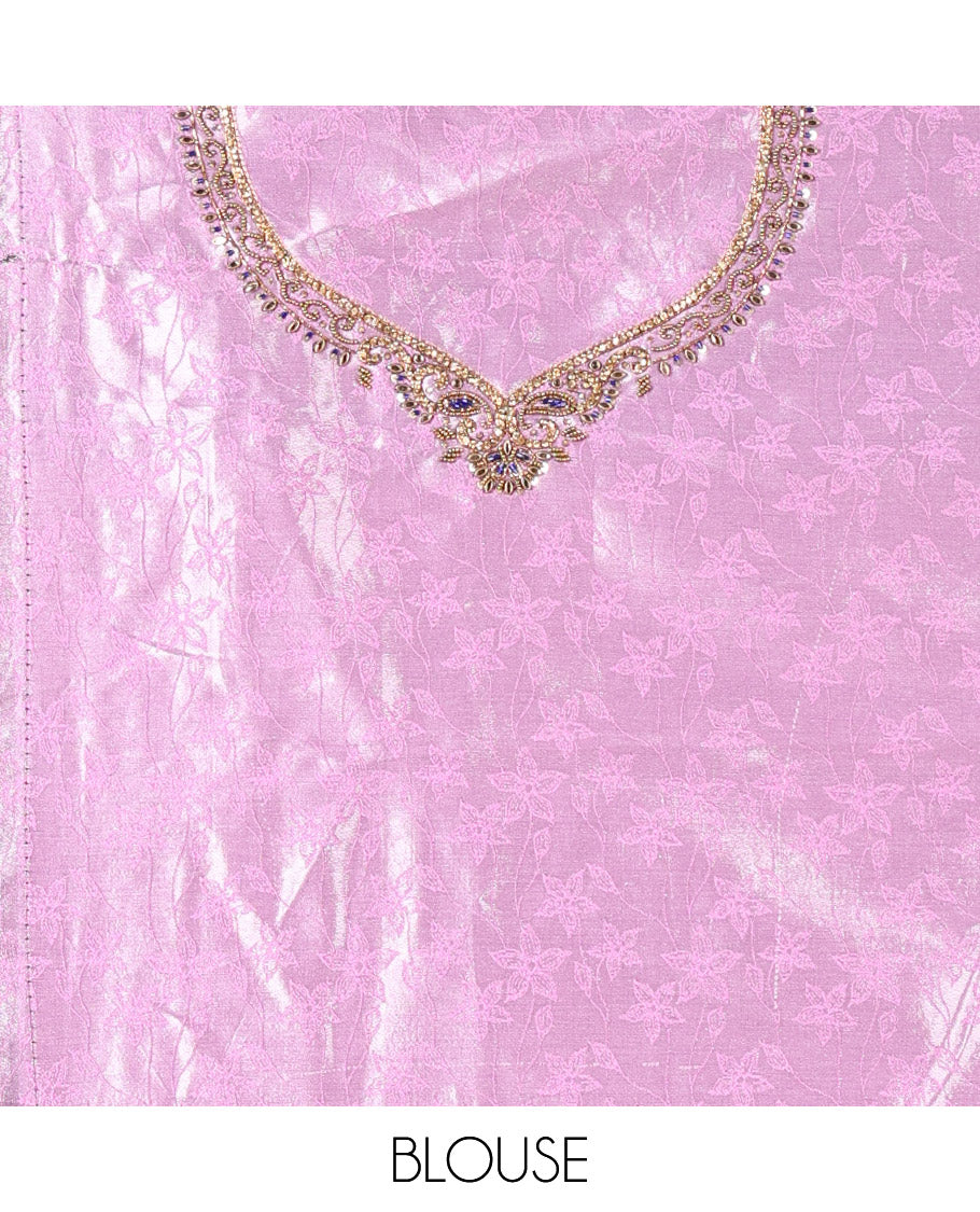 Lavender and Blue Half-Saree Set, Subtly Sparkled with Floral Vine Design on Its Banarasi Skirt, Complemented by Contrast Meenakari Floral Design with Embroidered Border, Matching Blouse, and Paired with a Banaras Dupatta