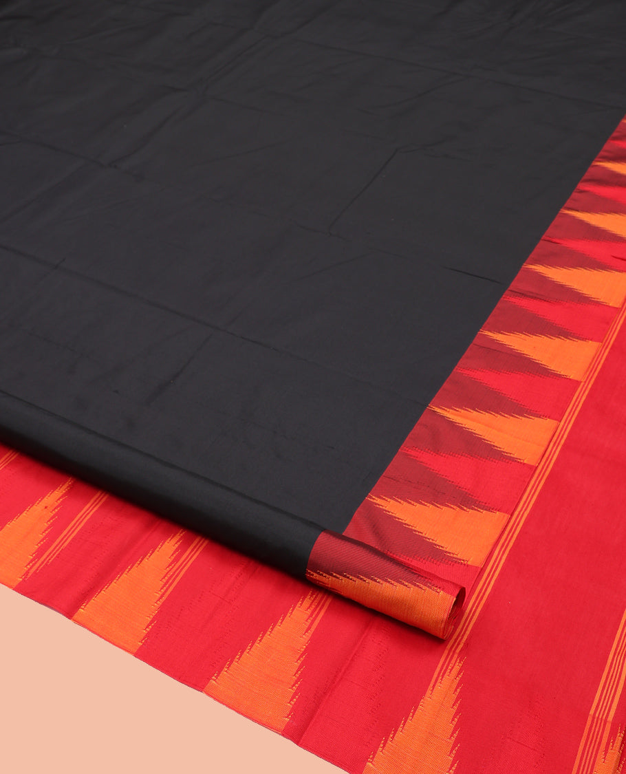Black Plain Bangalore Silk Saree, Complemented by a Contrast Temple Border, Striped Pallu, and Contrast Blouse