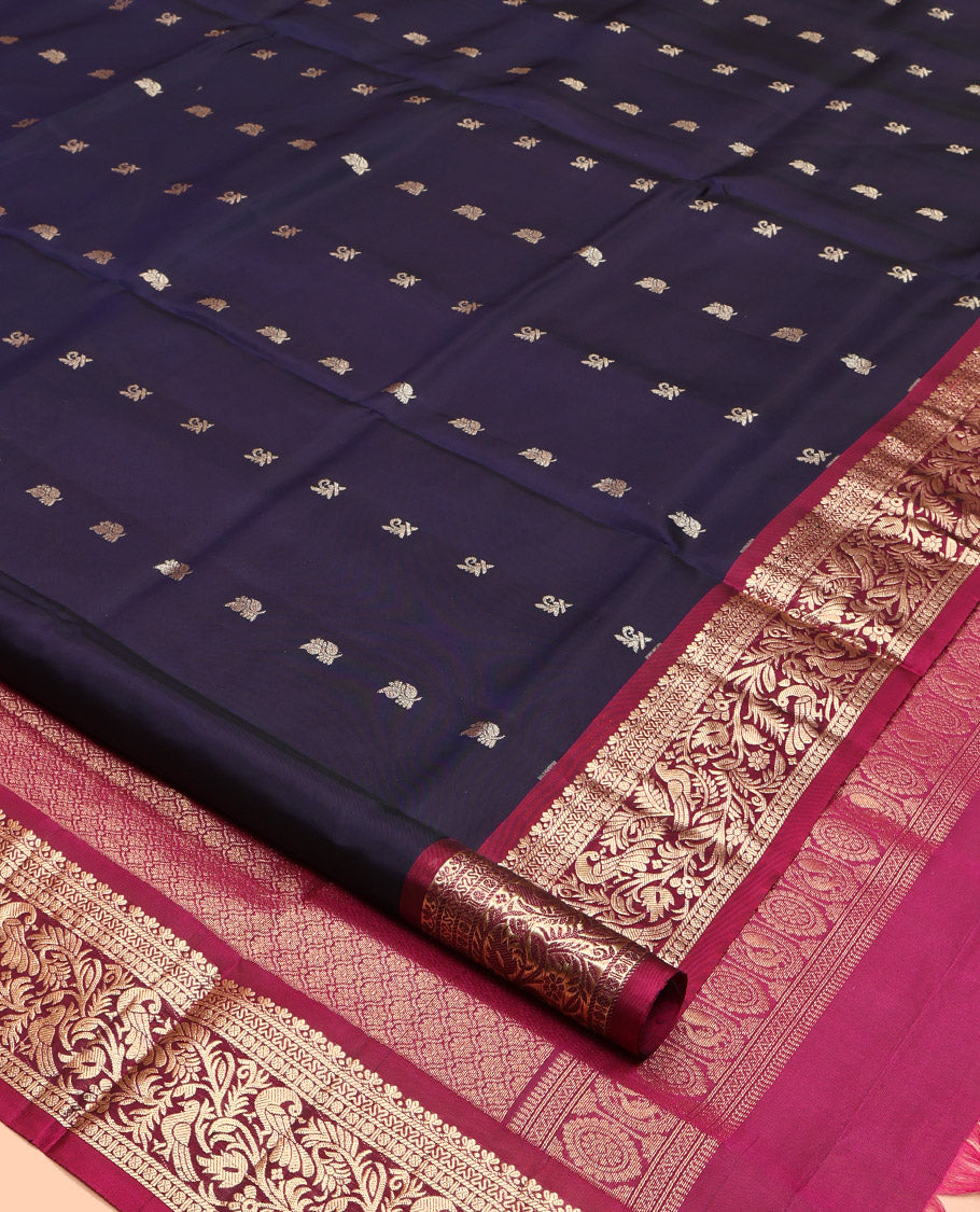 Blue Mayuri Lite Silk Mix Saree, Adorned with Zari Buttas, Complemented by Contrast Border of Salngai, Cross Neli, Rudraksham, and Mayil, Grand Pallu and a Contrast Blouse