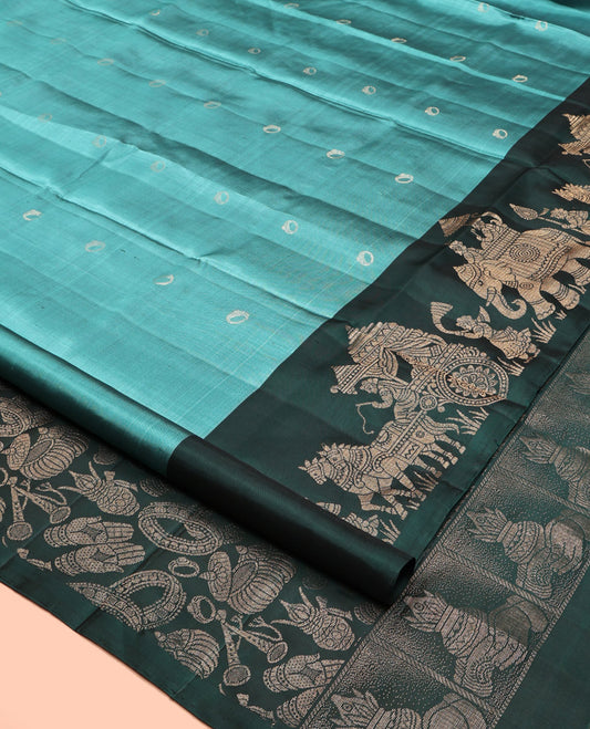 Green Mayuri Soft Silk Saree, Elevated with Ring Motifs, Contrast King-Queen Wedding-Themed Border, Pallu Depicts Wedding Motifs, and a Contrast Blouse