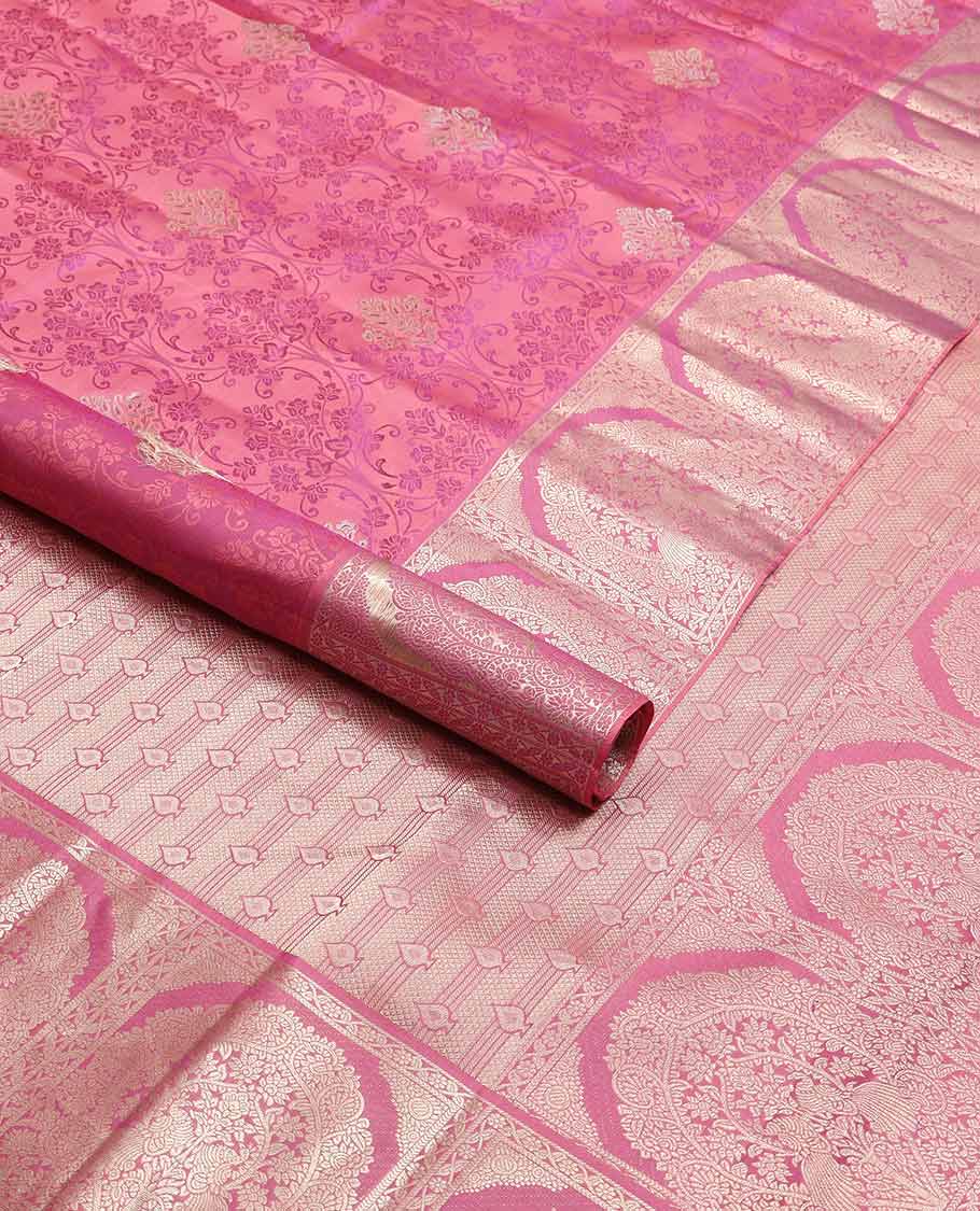Pink floral jacquard kancheepuram silk saree with self floral intricate border &striped, floral design pallu