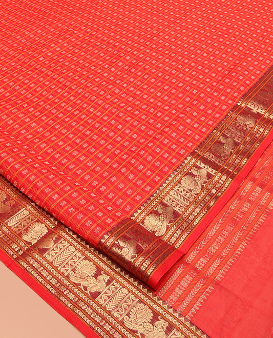 Red Buttas-Checks Kuppadam Silk Saree, a Semi-Contrast Traditional Peacock Border, Grand Pallu, a Matching Blouse