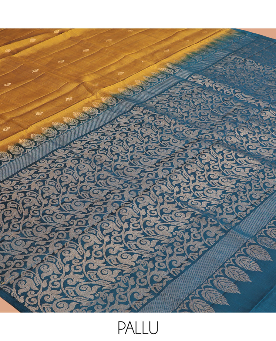 Mustard Mayuri Lite Silk Mix Saree, Graced with Zari Buttas, Complemented By Contrast Peacock-Paisley Butta Border, a Floral Vine Pallu, and a Contrast Blouse
