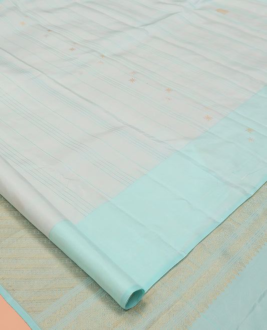 Pale Blue Kanchipuram Silk Saree, Subtly Sparkled with Buttas, and Stripes, a Contrast Border, Zari Design Pallu, and a Matching Blouse