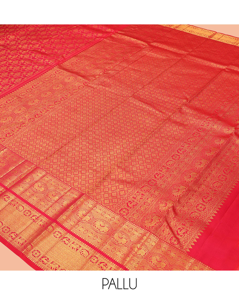 Red Kanchipuram Wedding Silk Saree, Ornamented with Jacquard Design, a Self-Border of Thilakam, Muthu, Poun, Kamalam, Yaali, Yaanai, and Jaal Design, Jaal Pallu, and a Matching Blouse