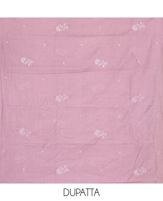 Cream-Lavender Mul Chanderi Material Churidar Features Thread-Sequins Embroidered Top, a Contrast Bottom, Scallop Embroidered Dupatta