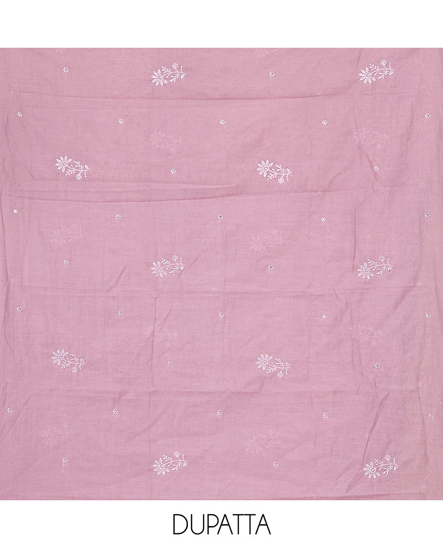 Cream-Lavender Mul Chanderi Material Churidar Features Thread-Sequins Embroidered Top, a Contrast Bottom, Scallop Embroidered Dupatta